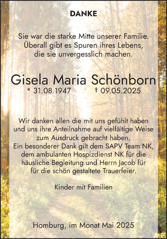 Todesanzeige von Gisela Maria Schönborn von saarbruecker_zeitung