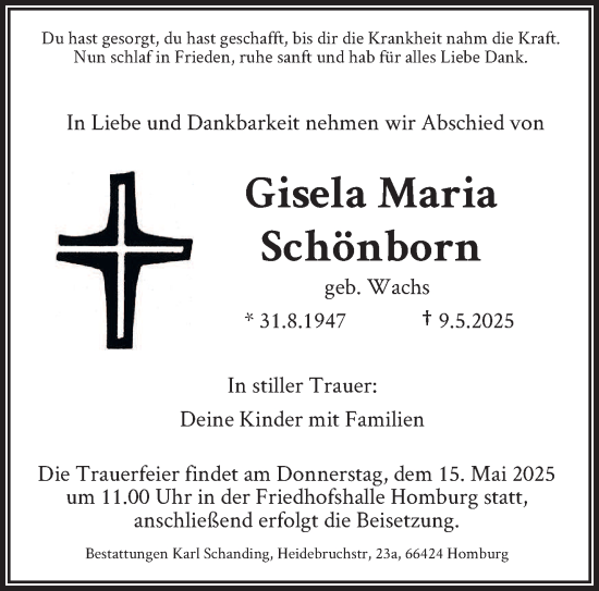 Todesanzeige von Gisela Maria Schönborn von saarbruecker_zeitung