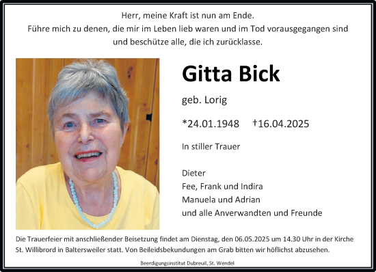 Todesanzeige von Gitta Bick von saarbruecker_zeitung