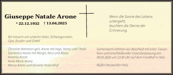 Todesanzeige von Giuseppe Natale Arone von saarbruecker_zeitung