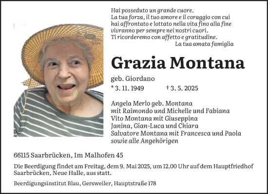 Todesanzeige von Grazia Montana von saarbruecker_zeitung
