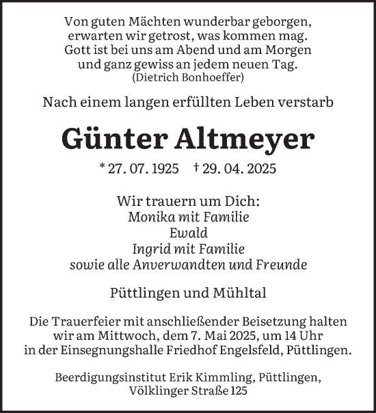 Todesanzeige von Günter Altmeyer von saarbruecker_zeitung