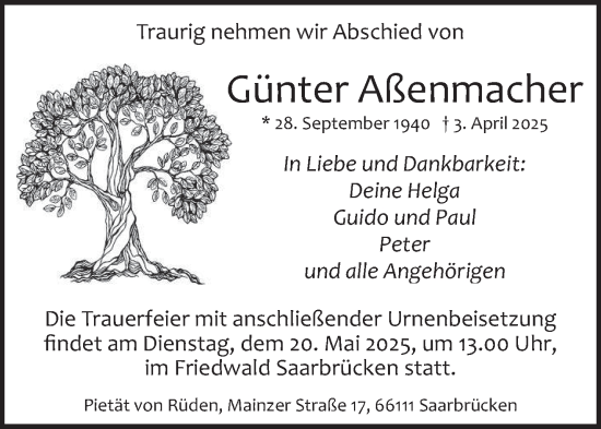 Todesanzeige von Günter Aßenmacher von saarbruecker_zeitung