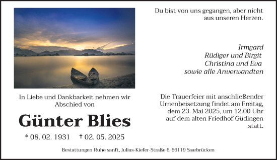 Todesanzeige von Günter Blies von saarbruecker_zeitung