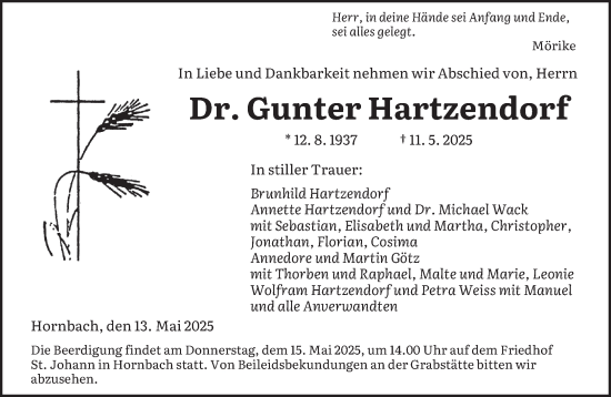 Todesanzeige von Gunter Hartzendorf von saarbruecker_zeitung