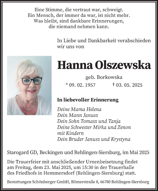 Todesanzeige von Hanna Olszewska von saarbruecker_zeitung