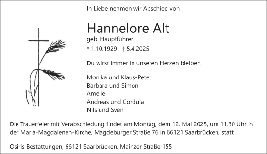 Todesanzeige von Hannelore Alt von saarbruecker_zeitung