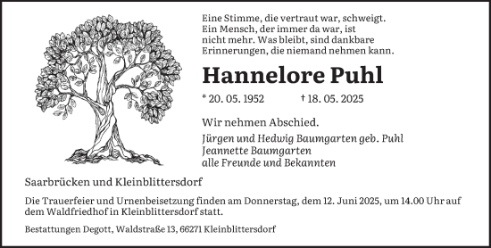 Todesanzeige von Hannelore Puhl von saarbruecker_zeitung