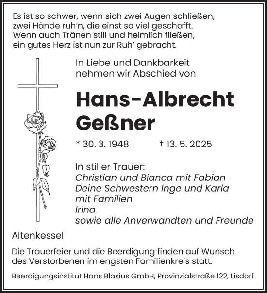 Todesanzeige von Hans-Albrecht Geßner von saarbruecker_zeitung