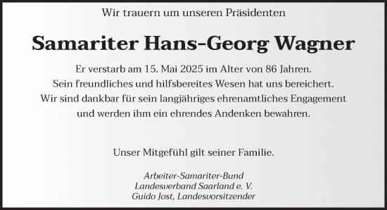 Todesanzeige von Hans-Georg Wagner von saarbruecker_zeitung