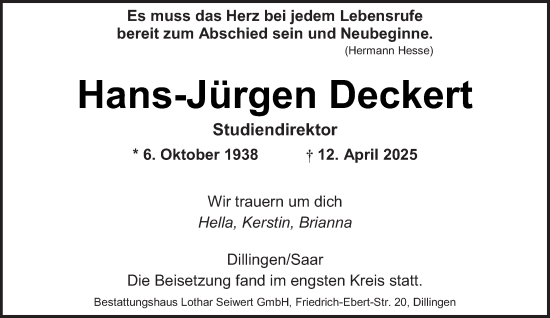 Todesanzeige von Hans-Jürgen Deckert von saarbruecker_zeitung
