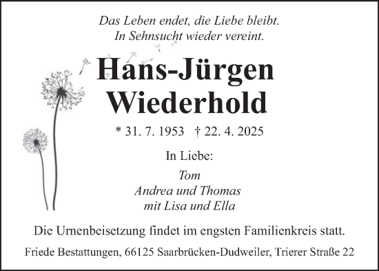 Todesanzeige von Hans-Jürgen Wiederhold von saarbruecker_zeitung