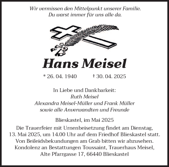 Todesanzeige von Hans Meisel von saarbruecker_zeitung