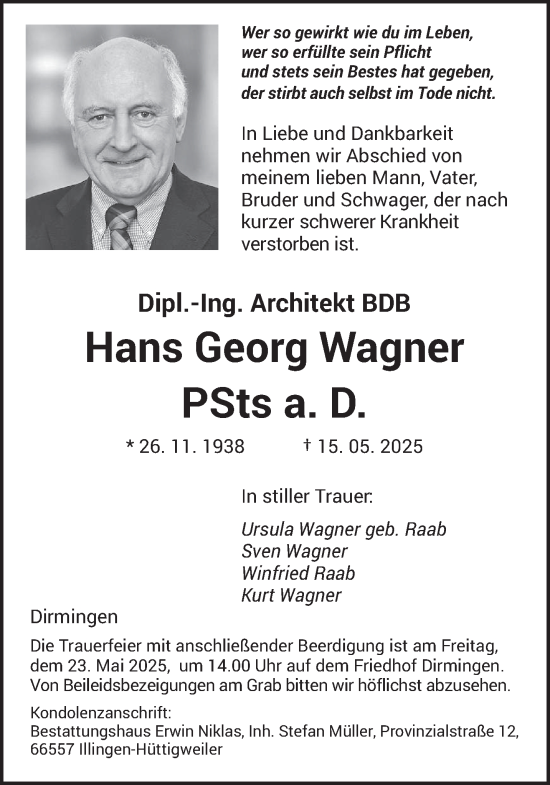 Todesanzeige von Hans Georg Wagner von saarbruecker_zeitung