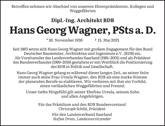 Todesanzeige von Hans Georg Wagner von saarbruecker_zeitung