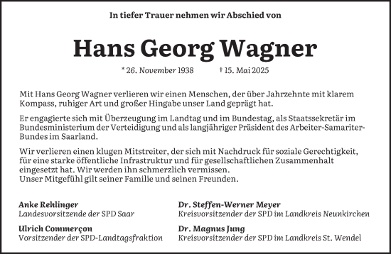 Todesanzeige von Hans Georg Wagner von saarbruecker_zeitung