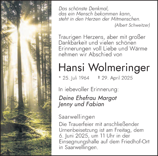 Todesanzeige von Hansi Wolmeringer von saarbruecker_zeitung