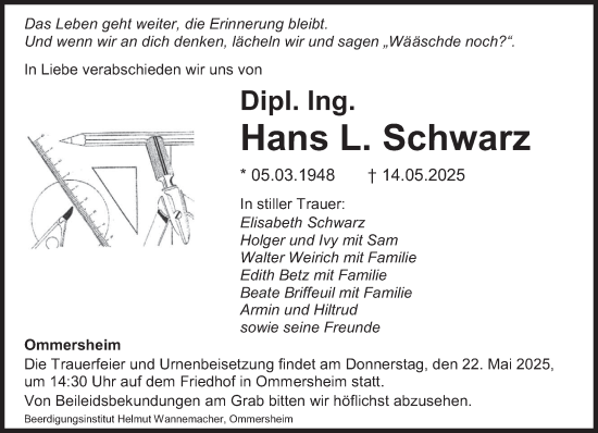 Todesanzeige von Hans L. Schwarz von saarbruecker_zeitung
