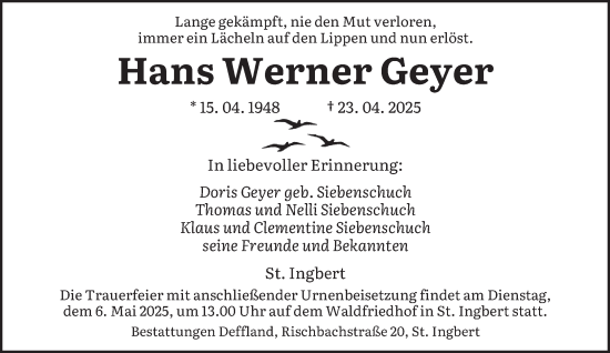 Todesanzeige von Hans Werner Geyer von saarbruecker_zeitung