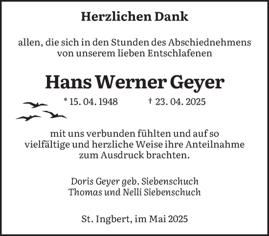 Todesanzeige von Hans Werner Geyer von saarbruecker_zeitung