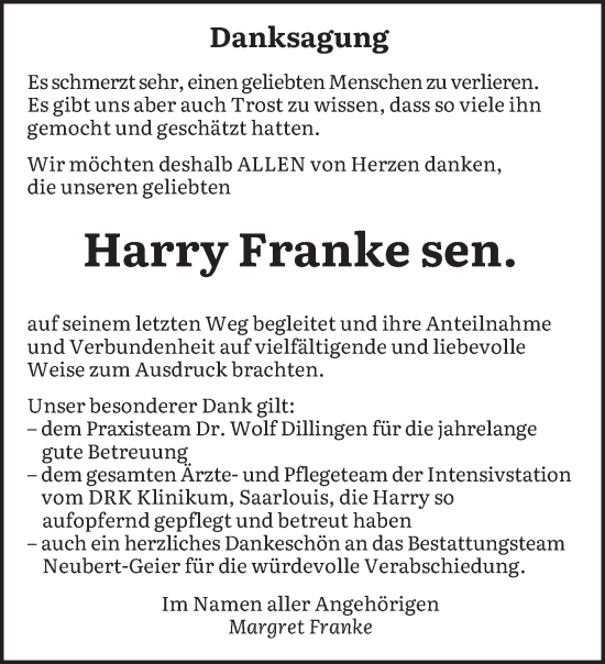 Todesanzeige von Harry Franke von saarbruecker_zeitung