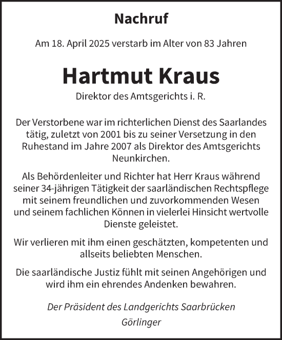 Todesanzeige von Hartmut Kraus von saarbruecker_zeitung