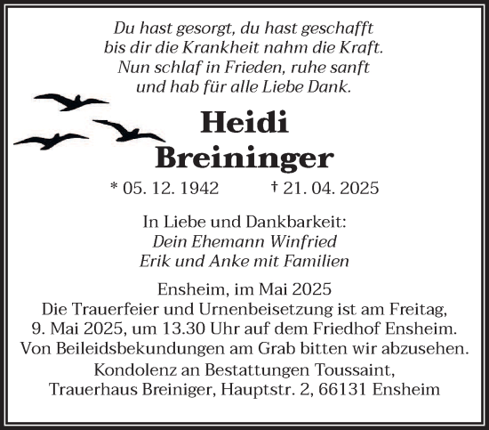 Todesanzeige von Heidi Breininger von saarbruecker_zeitung