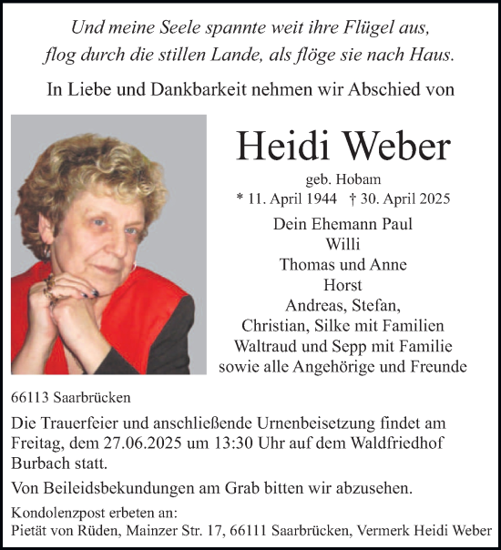 Todesanzeige von Heidi Weber von saarbruecker_zeitung
