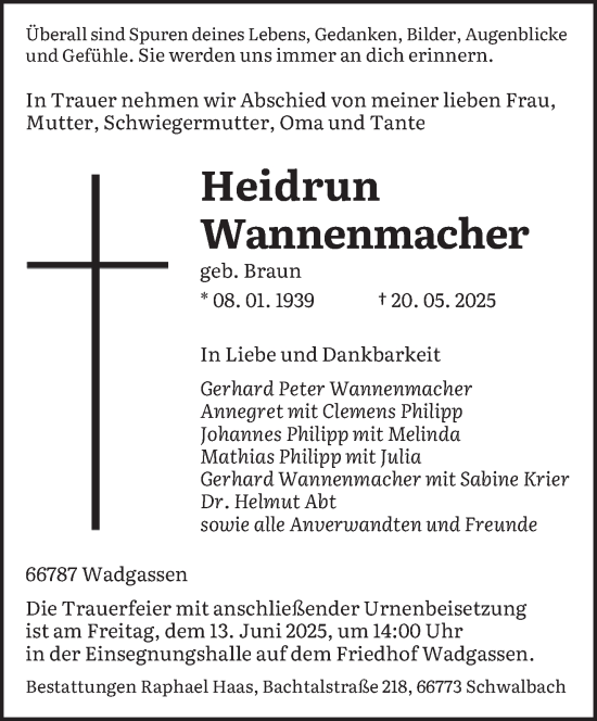 Todesanzeige von Heidrun Wannenmacher von saarbruecker_zeitung