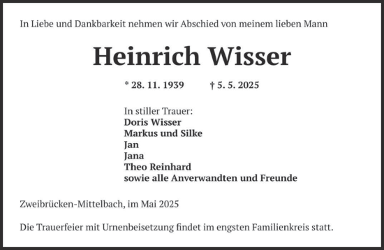 Todesanzeige von Heinrich Wisser von saarbruecker_zeitung