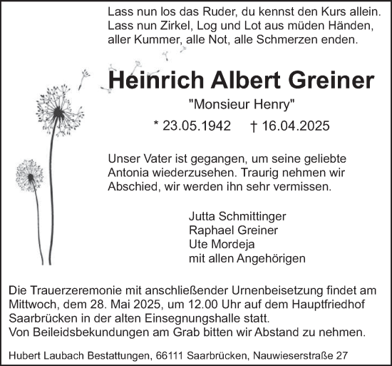 Todesanzeige von Heinrich Albert Greiner von saarbruecker_zeitung