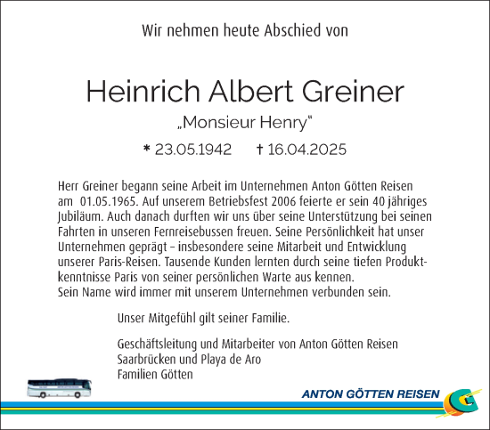 Todesanzeige von Heinrich Albert Greiner von saarbruecker_zeitung
