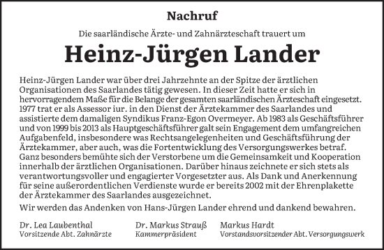 Todesanzeige von Heinz-Jürgen Lander von saarbruecker_zeitung