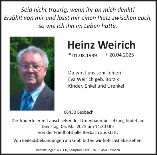 Todesanzeige von Heinz Weirich von saarbruecker_zeitung