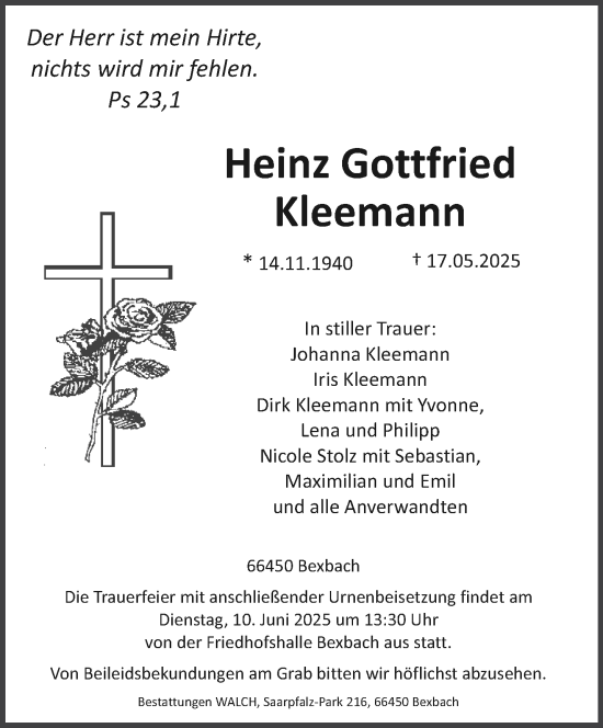 Todesanzeige von Heinz Gottfried Kleemann von saarbruecker_zeitung