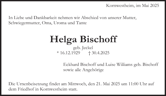 Todesanzeige von Helga Bischoff von saarbruecker_zeitung