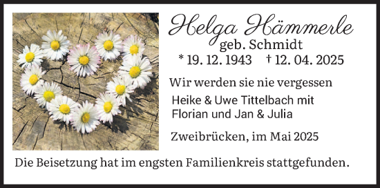 Todesanzeige von Helga Hämmerle von saarbruecker_zeitung