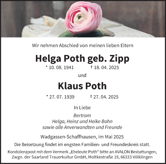 Todesanzeige von Helga Poth von saarbruecker_zeitung