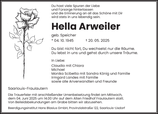 Todesanzeige von Hella Arweiler von saarbruecker_zeitung