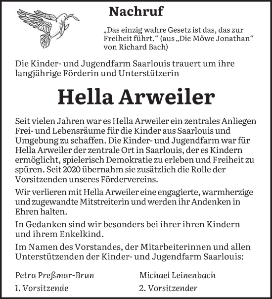 Todesanzeige von Hella Arweiler von saarbruecker_zeitung
