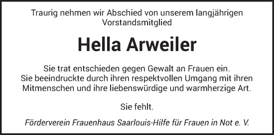 Todesanzeige von Hella Arweiler von saarbruecker_zeitung