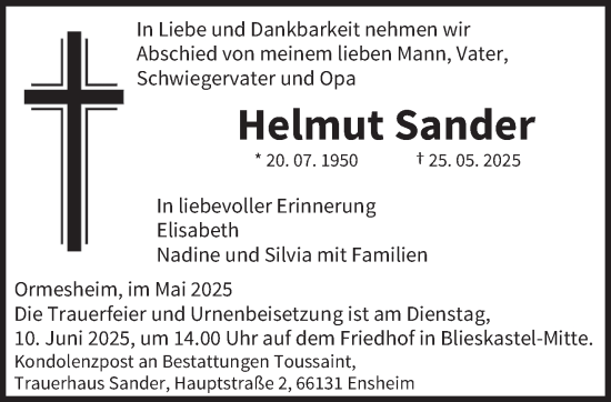 Todesanzeige von Helmut Sander von saarbruecker_zeitung