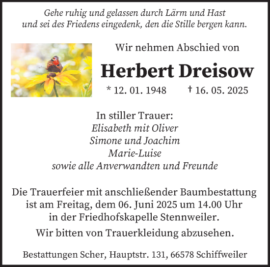 Todesanzeige von Herbert Dreisow von saarbruecker_zeitung