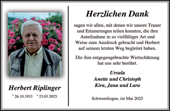 Todesanzeige von Herbert Riplinger von saarbruecker_zeitung