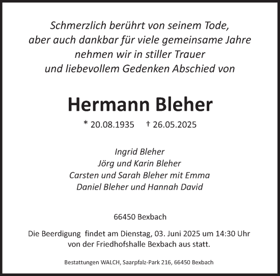 Todesanzeige von Hermann Bleher von saarbruecker_zeitung