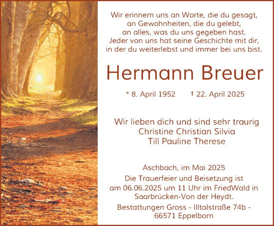 Todesanzeige von Hermann Breuer von saarbruecker_zeitung