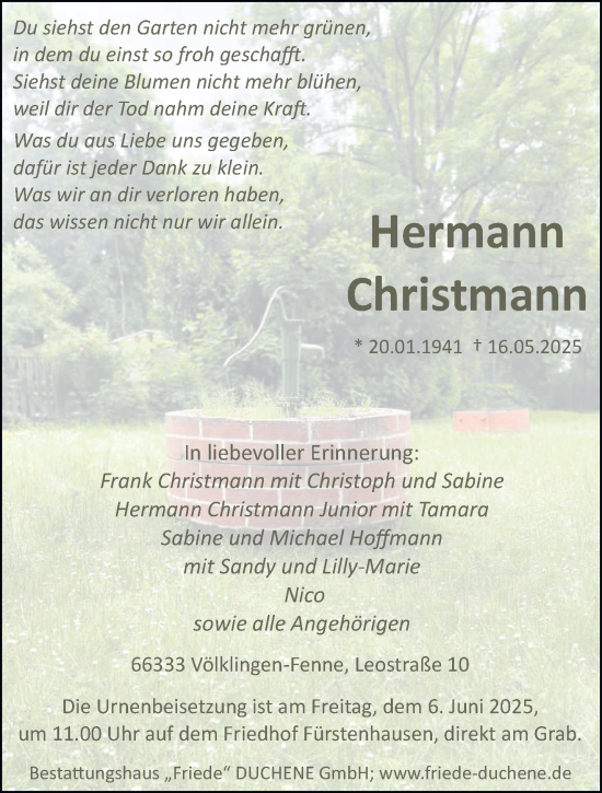Todesanzeige von Hermann Christmann von saarbruecker_zeitung