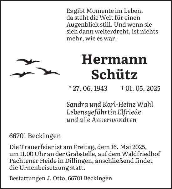 Todesanzeige von Hermann Schütz von saarbruecker_zeitung