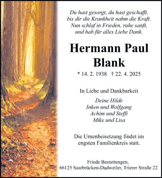 Todesanzeige von Hermann Paul Blank von saarbruecker_zeitung