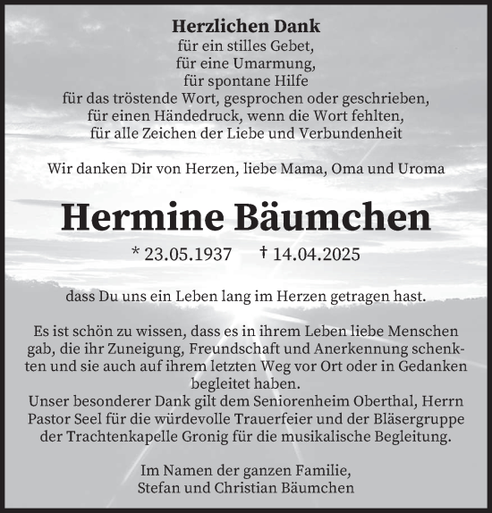 Todesanzeige von Hermine Bäumchen von saarbruecker_zeitung